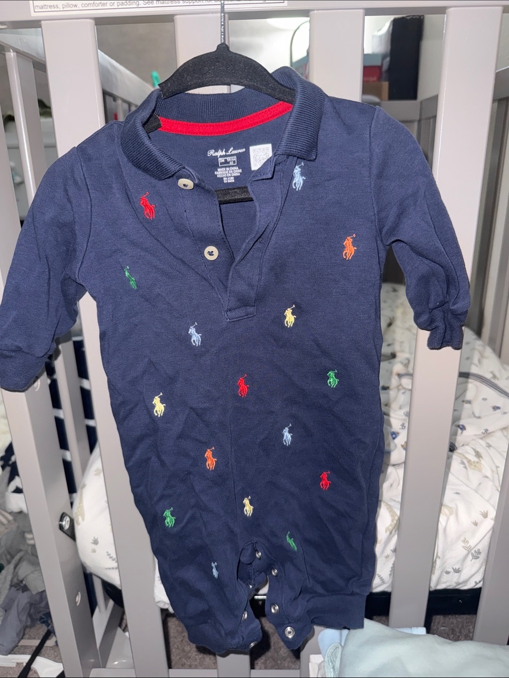 Ralph Lauren Navy Polo Romper with Multicolor Pony Embroidery